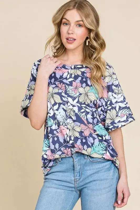 Floral Round Neck Short Sleeve T-Shirt 1