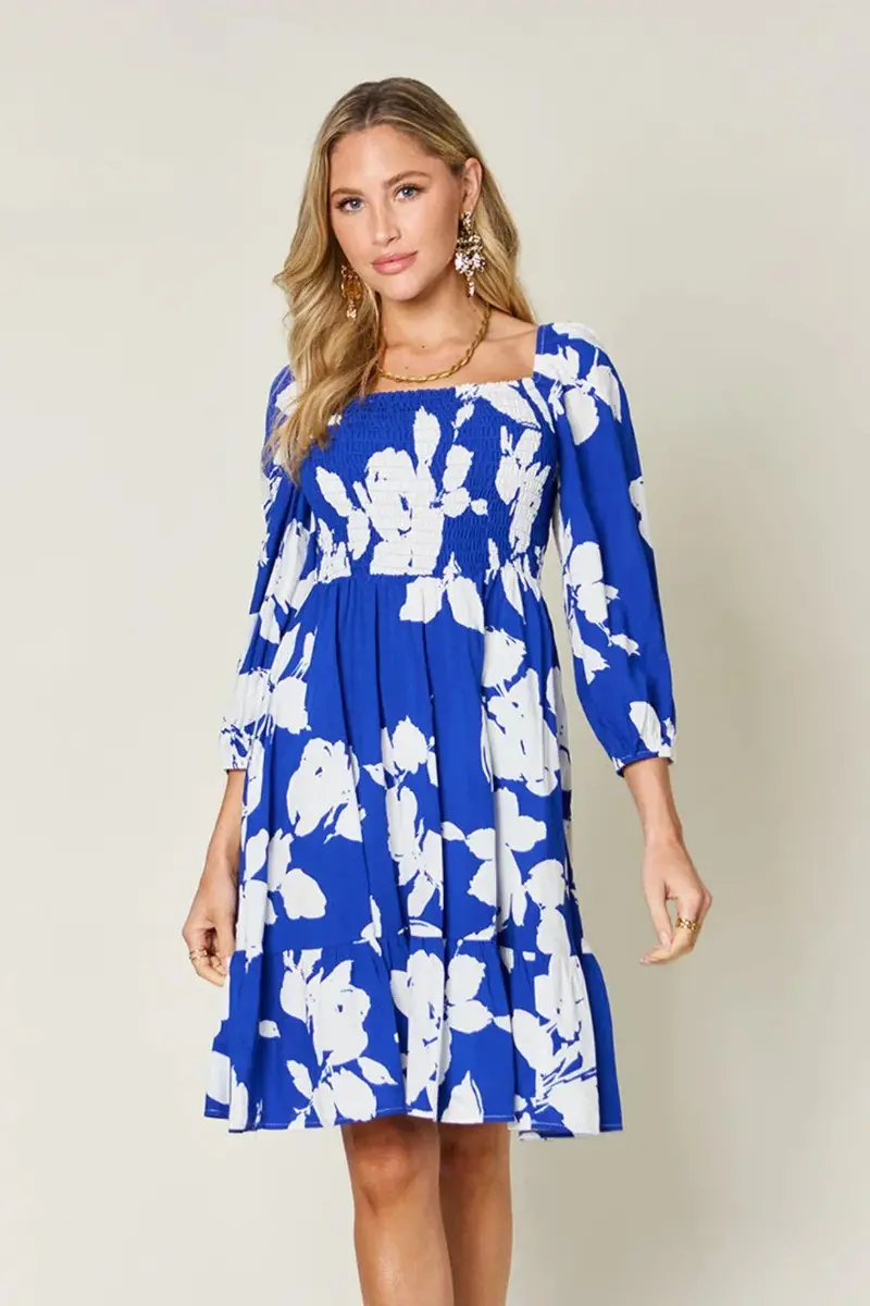 Floral Ruffle Hem Smocked Dress With Pockets 1