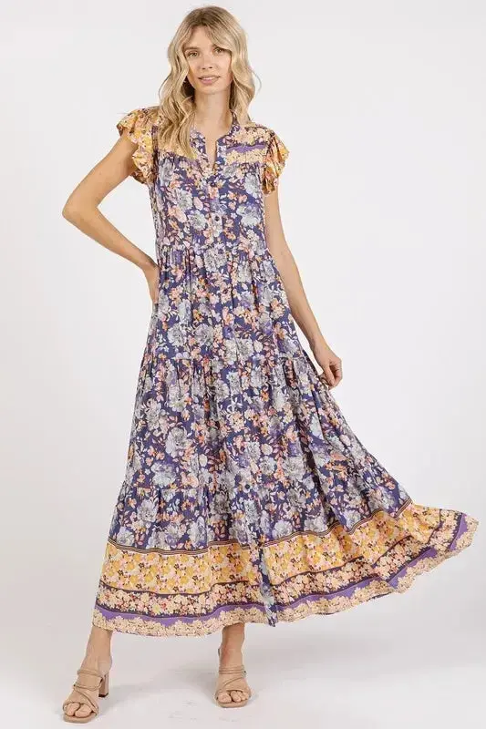 Floral Ruffled Notched Cap Sleeve Maxi Dress 1
