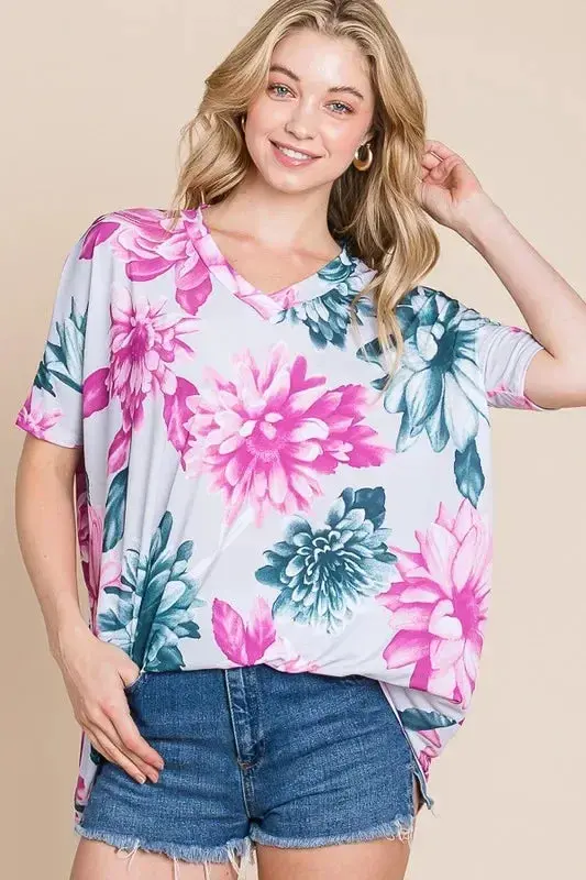 Floral V-Neck Short Sleeve T-Shirt 1