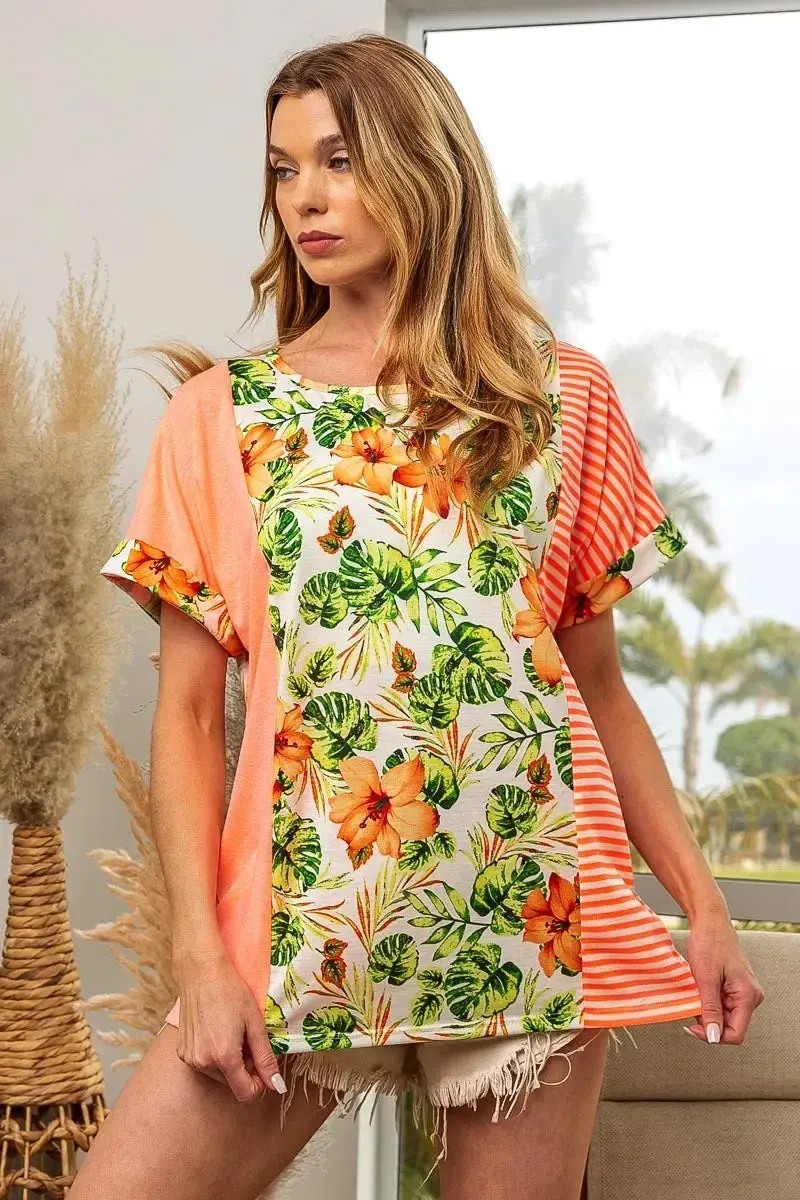 Floral W Stripe Color Block Dolman Sleeves Top 1