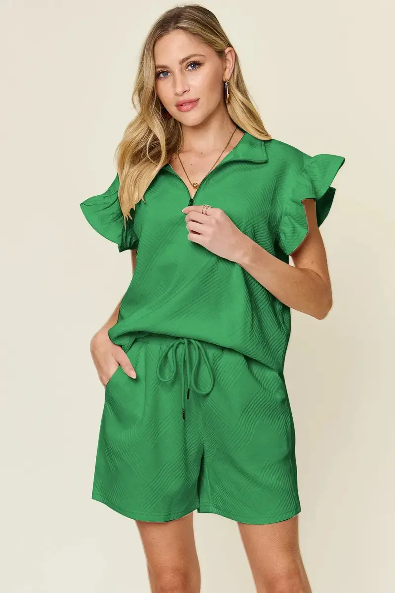 Flounce Sleeve Top and Drawstring Shorts Matching Set
