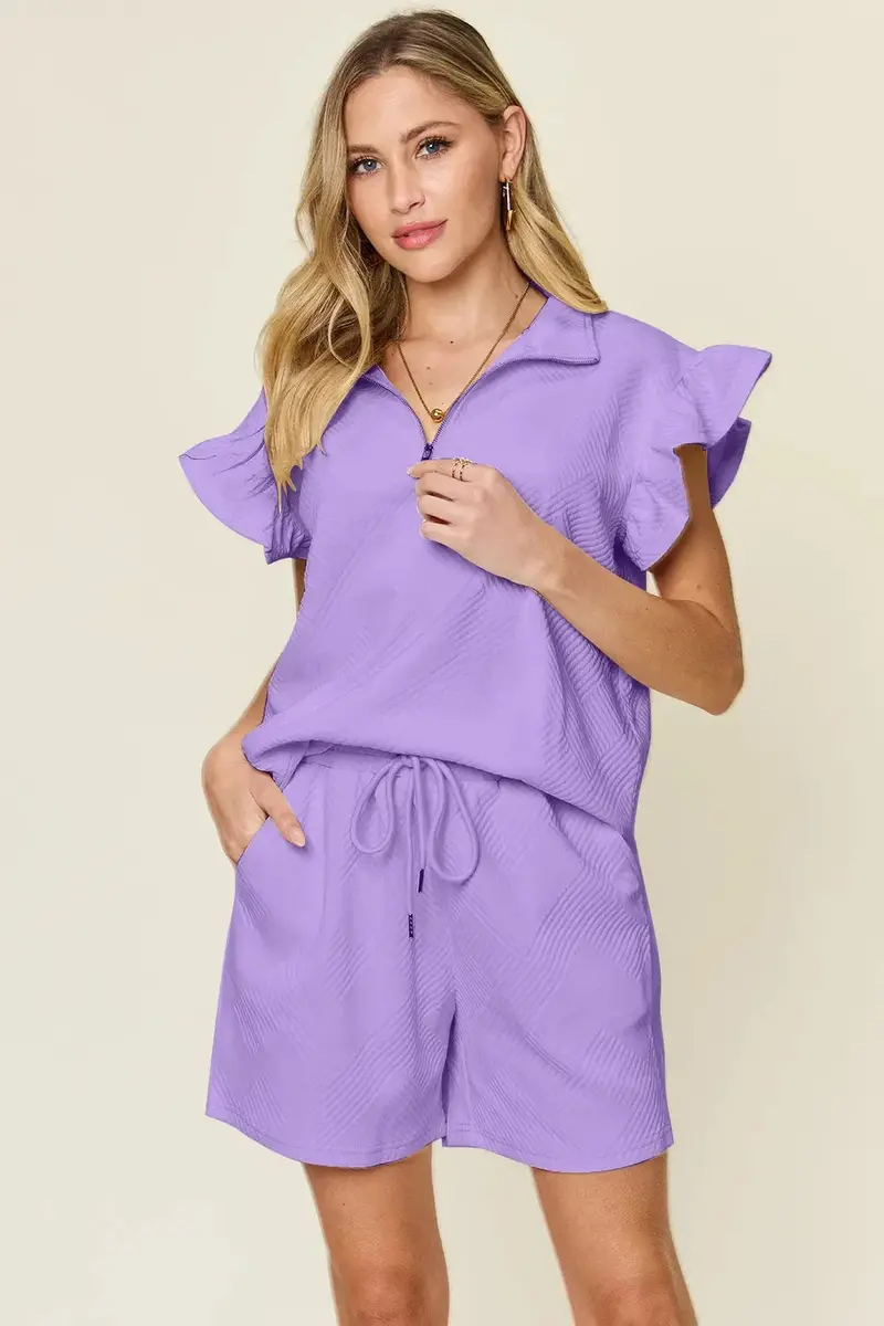 Flounce Sleeve Top and Drawstring Shorts Matching Set