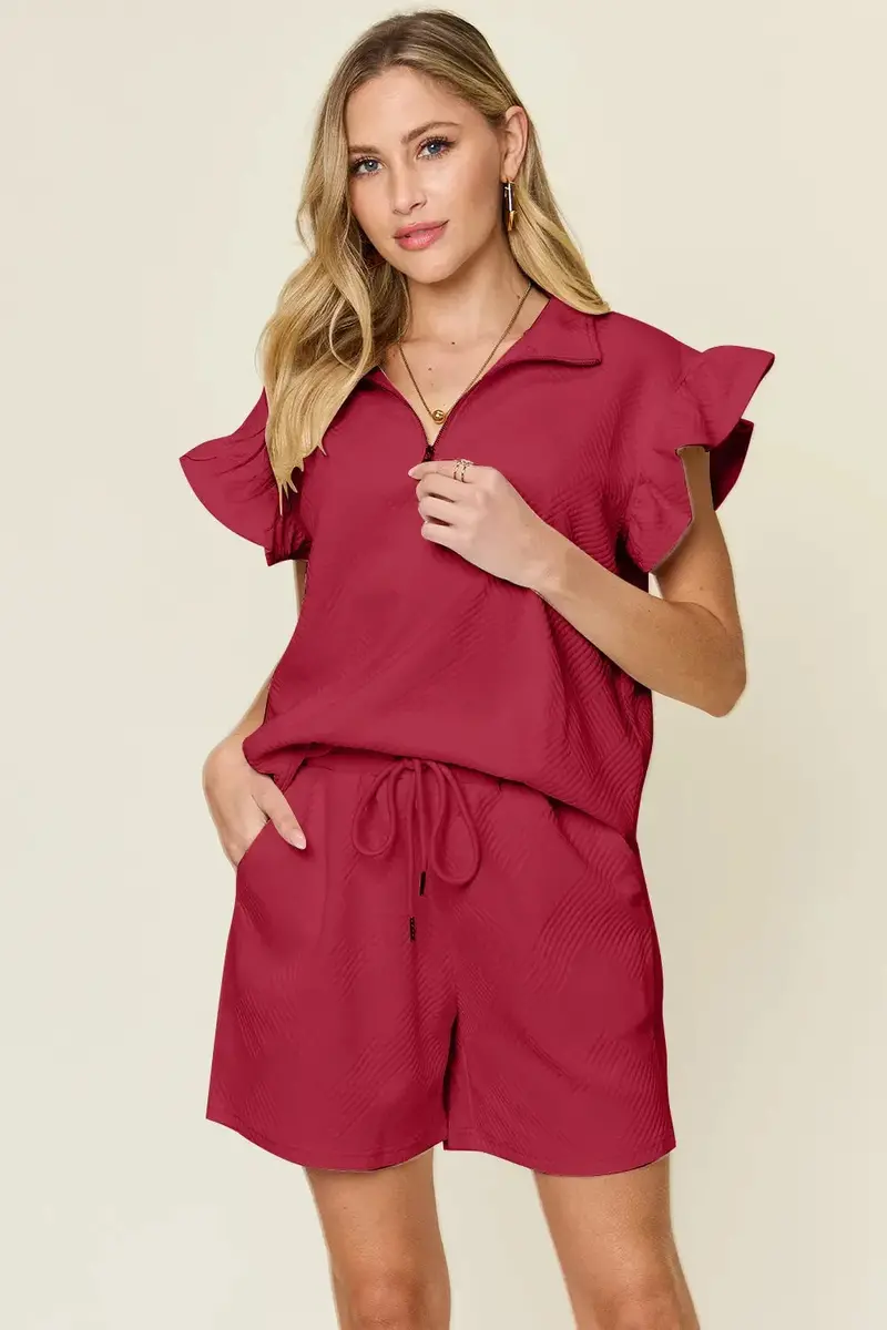 Flounce Sleeve Top and Drawstring Shorts Matching Set