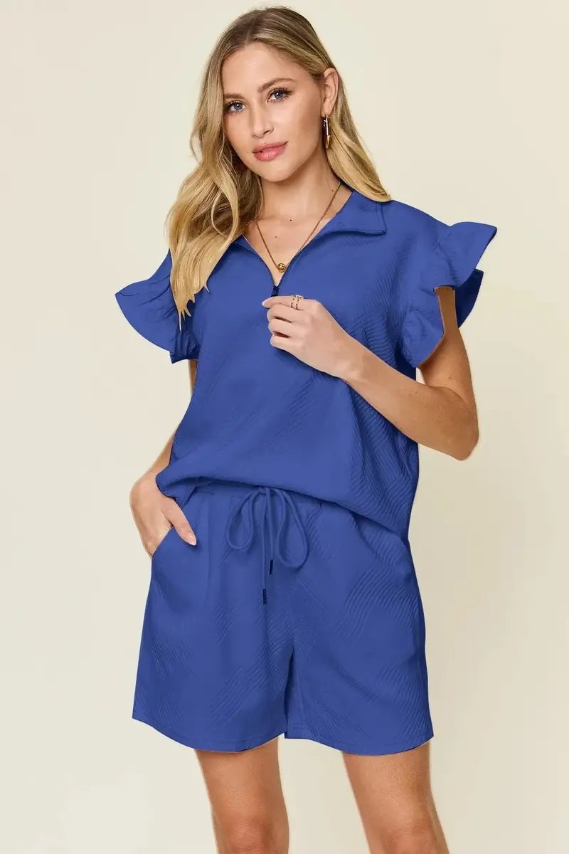 Flounce Sleeve Top and Drawstring Shorts Matching Set