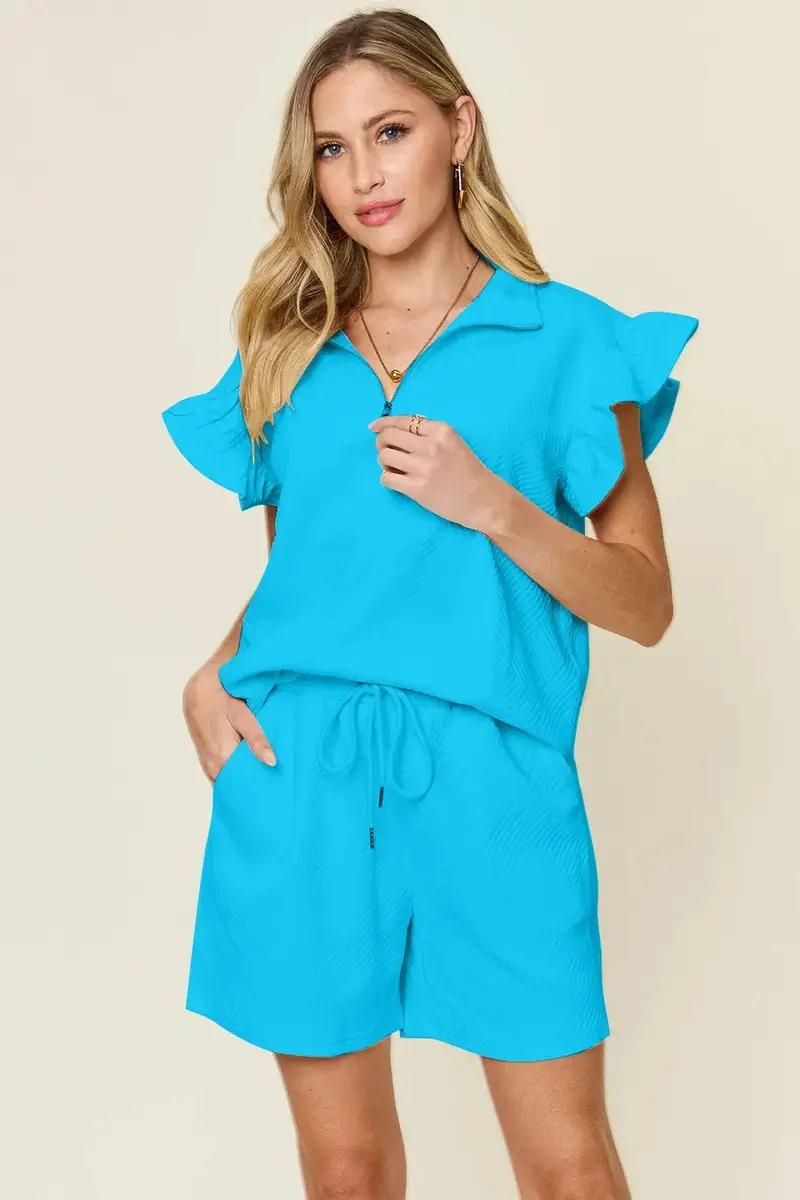 Flounce Sleeve Top and Drawstring Shorts Matching Set