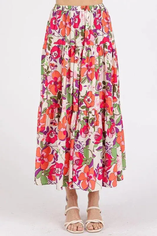 Flower Print Elastic Waist Tiered Skirt 1