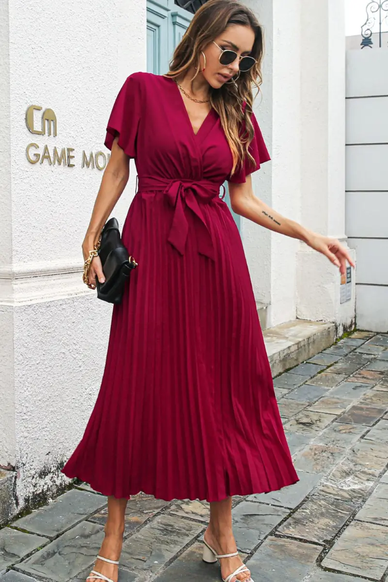 Flutter Sleeve Belted Surplice Midi Dress 5