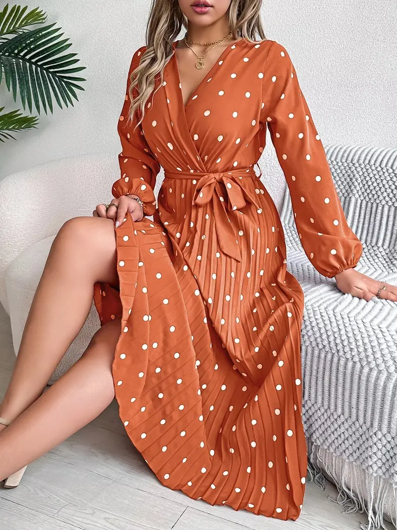 Front Tie Polka Dot Midi Pleated Dress 1