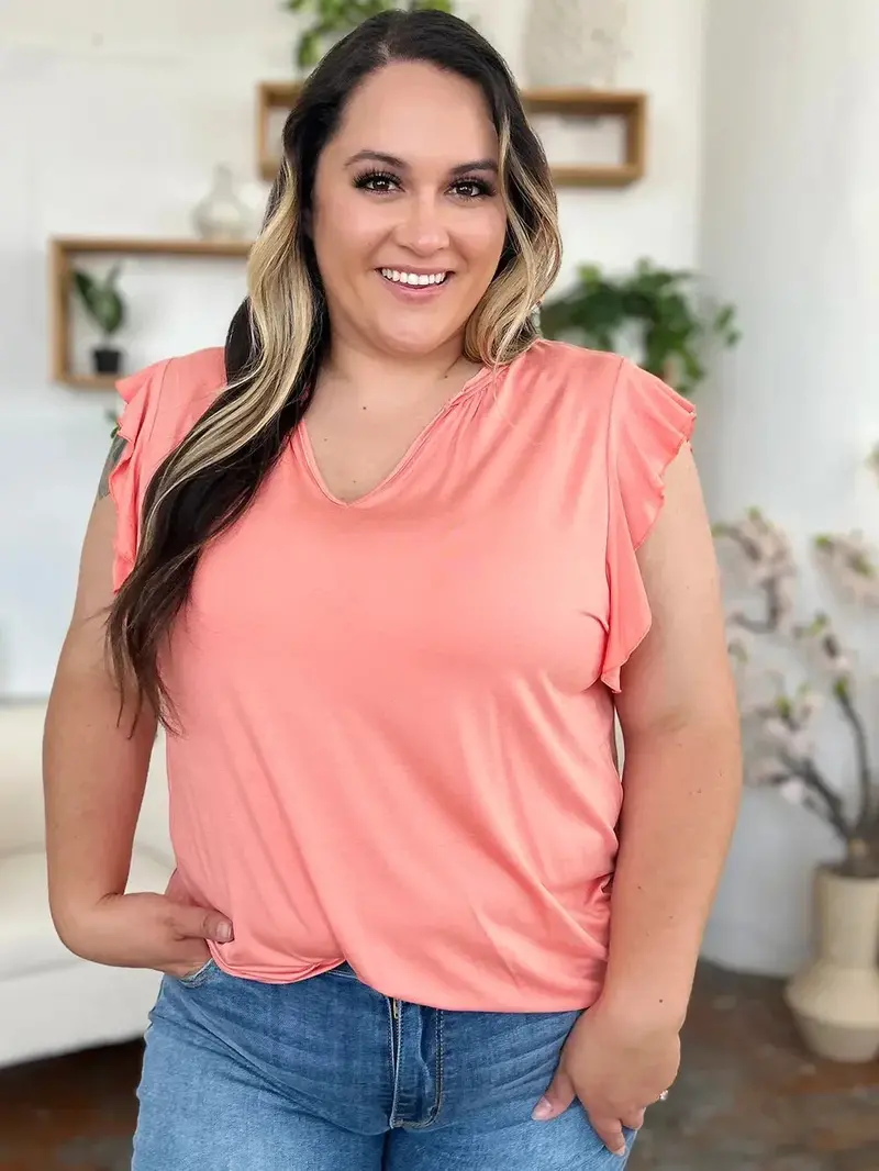 Full Size Bamboo Notched Ruffled Short Sleeve T-Shirt 13