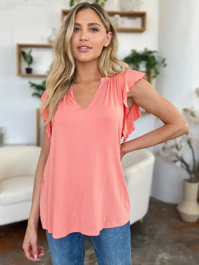 Full Size Bamboo Notched Ruffled Short Sleeve T-Shirt 4