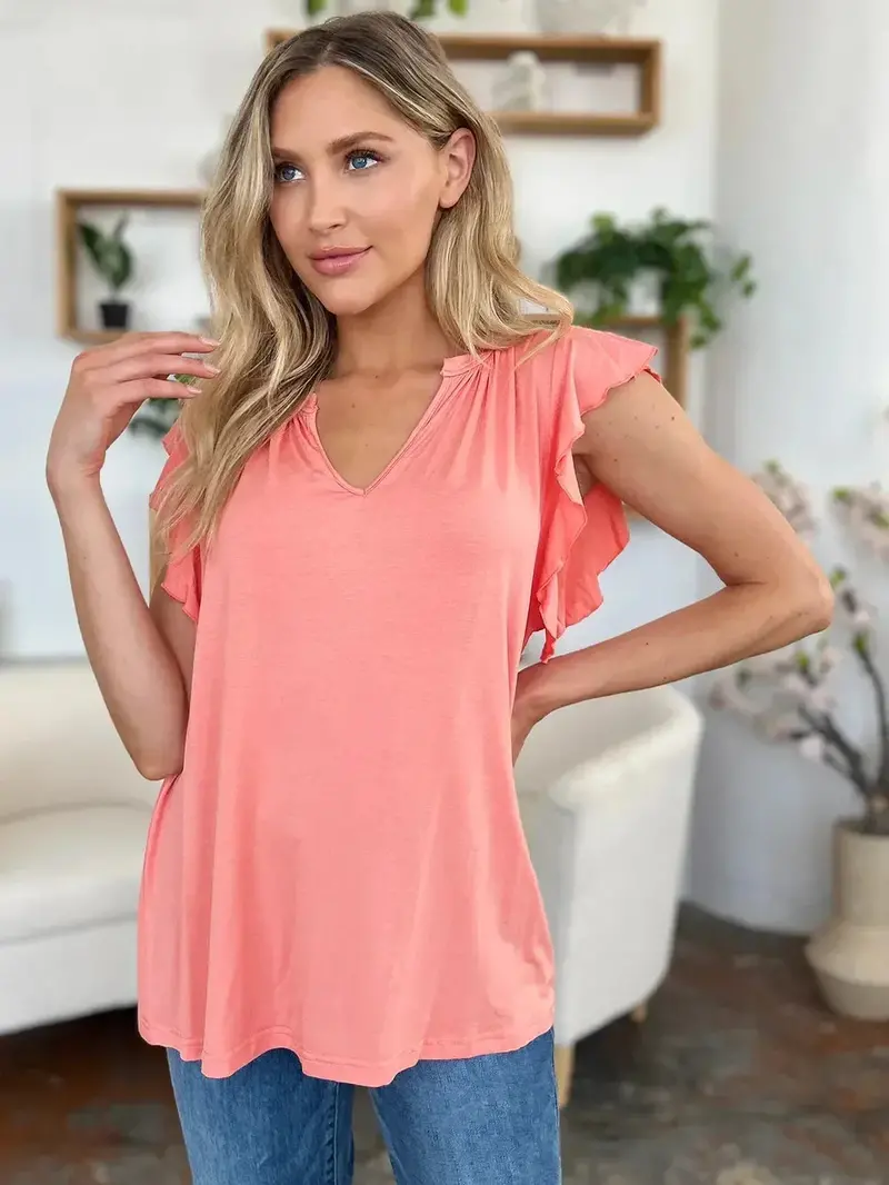 Full Size Bamboo Notched Ruffled Short Sleeve T-Shirt 5