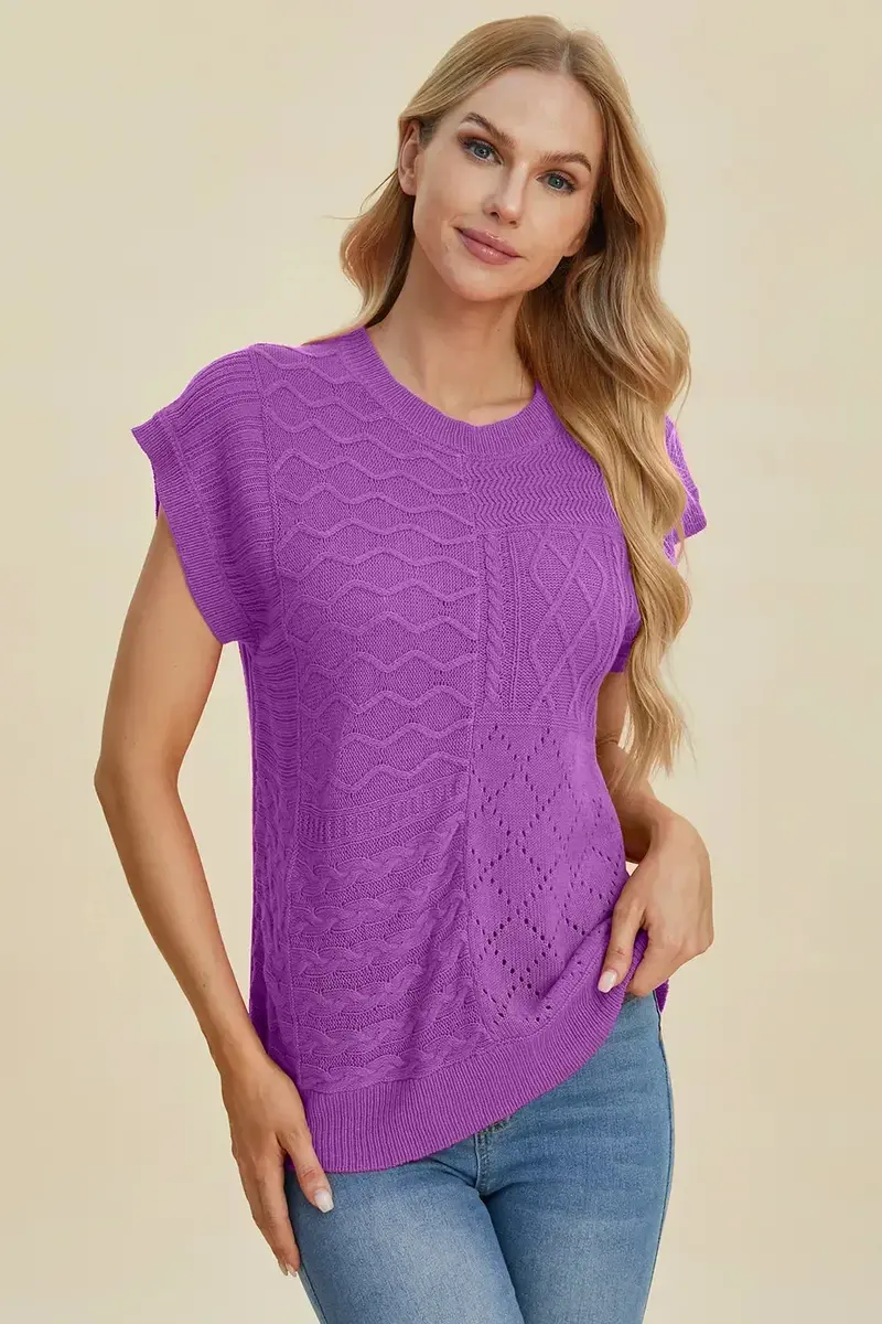 Full Size Cable-Knit Round Neck Cap Sleeve Sweater 1