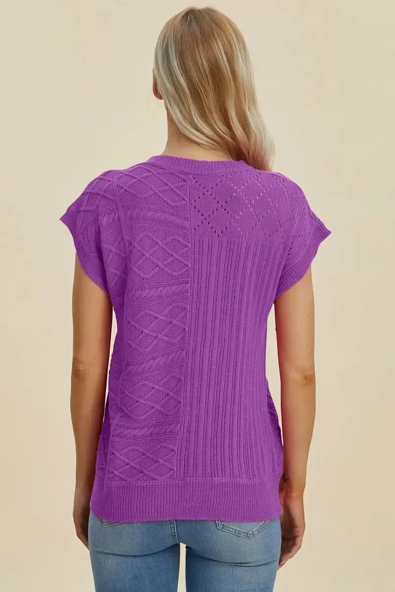 Full Size Cable-Knit Round Neck Cap Sleeve Sweater 10