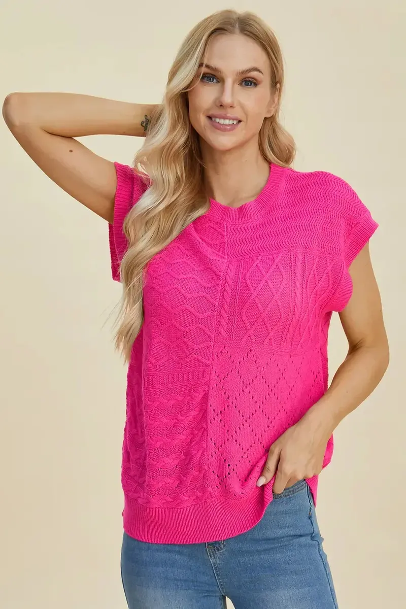 Full Size Cable-Knit Round Neck Cap Sleeve Sweater 11