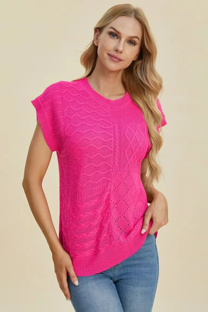 Full Size Cable-Knit Round Neck Cap Sleeve Sweater 12