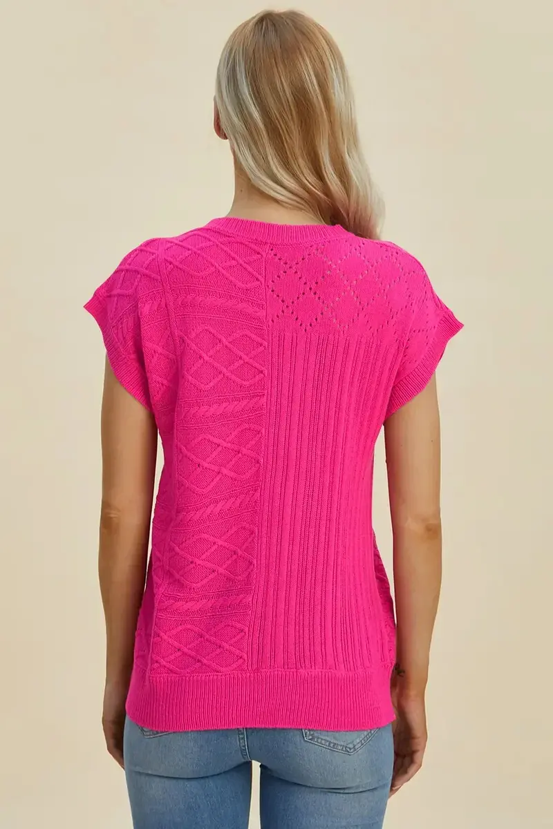 Full Size Cable-Knit Round Neck Cap Sleeve Sweater 13