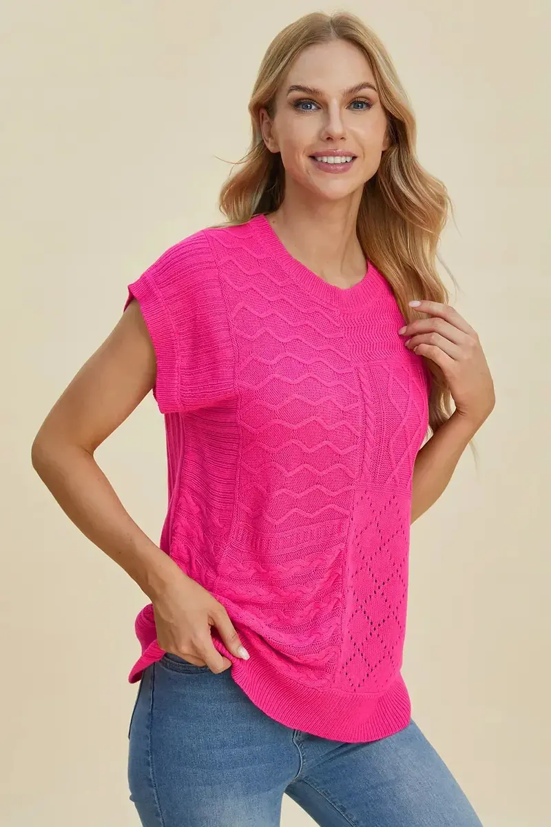 Full Size Cable-Knit Round Neck Cap Sleeve Sweater 14