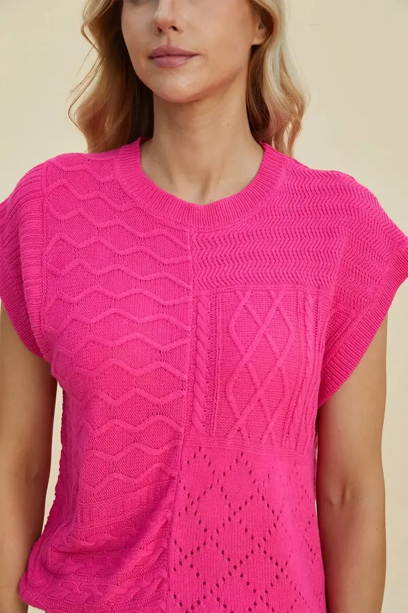 Full Size Cable-Knit Round Neck Cap Sleeve Sweater 16