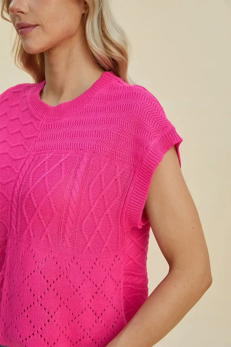 Full Size Cable-Knit Round Neck Cap Sleeve Sweater 17