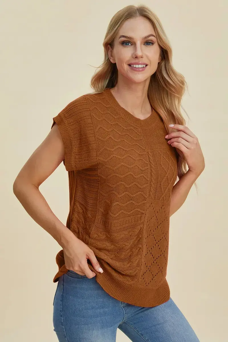 Full Size Cable-Knit Round Neck Cap Sleeve Sweater 18