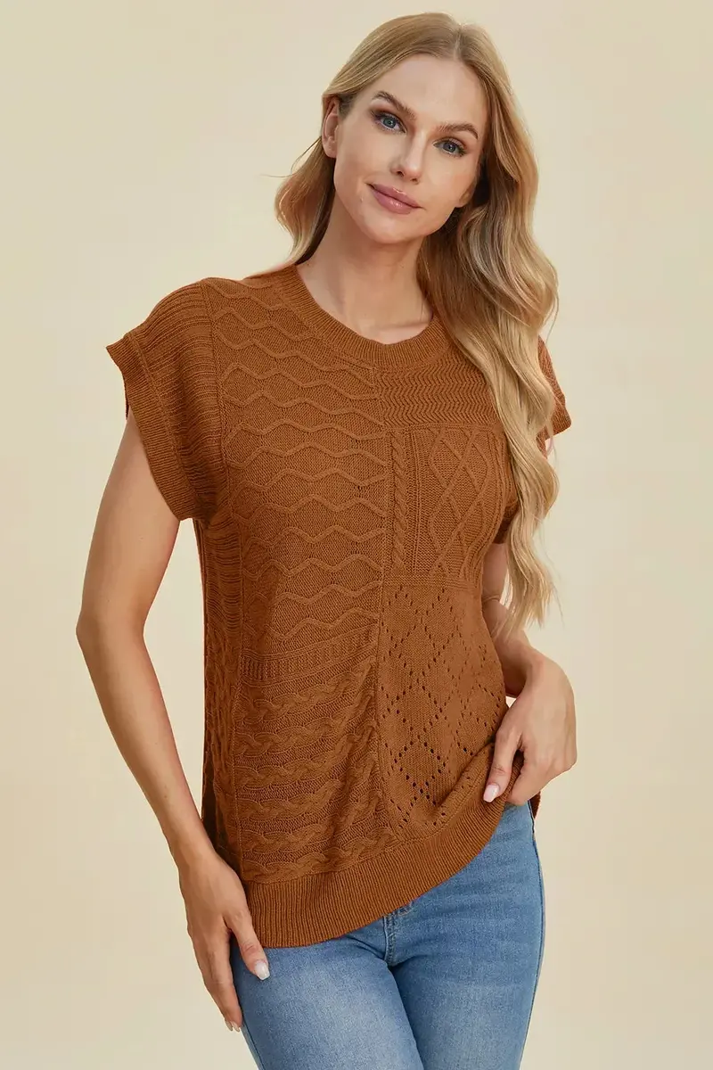 Full Size Cable-Knit Round Neck Cap Sleeve Sweater 19