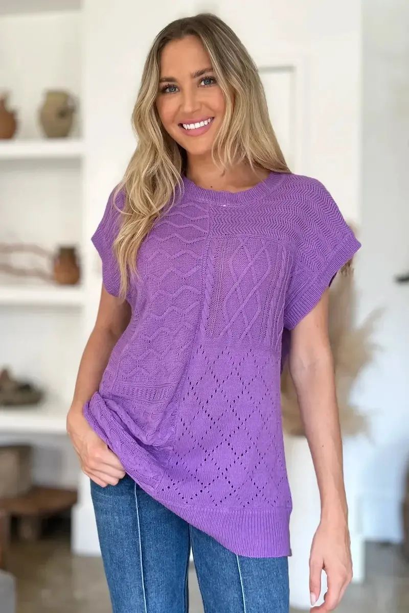 Full Size Cable-Knit Round Neck Cap Sleeve Sweater 2