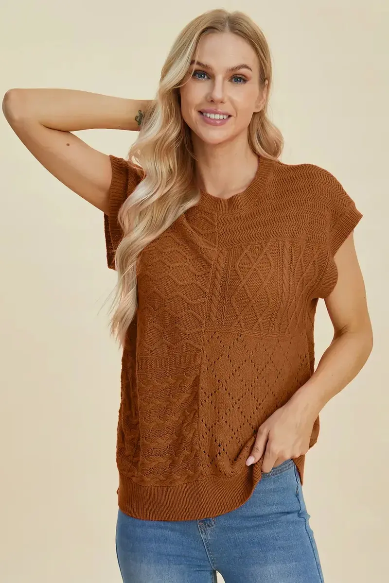 Full Size Cable-Knit Round Neck Cap Sleeve Sweater 21