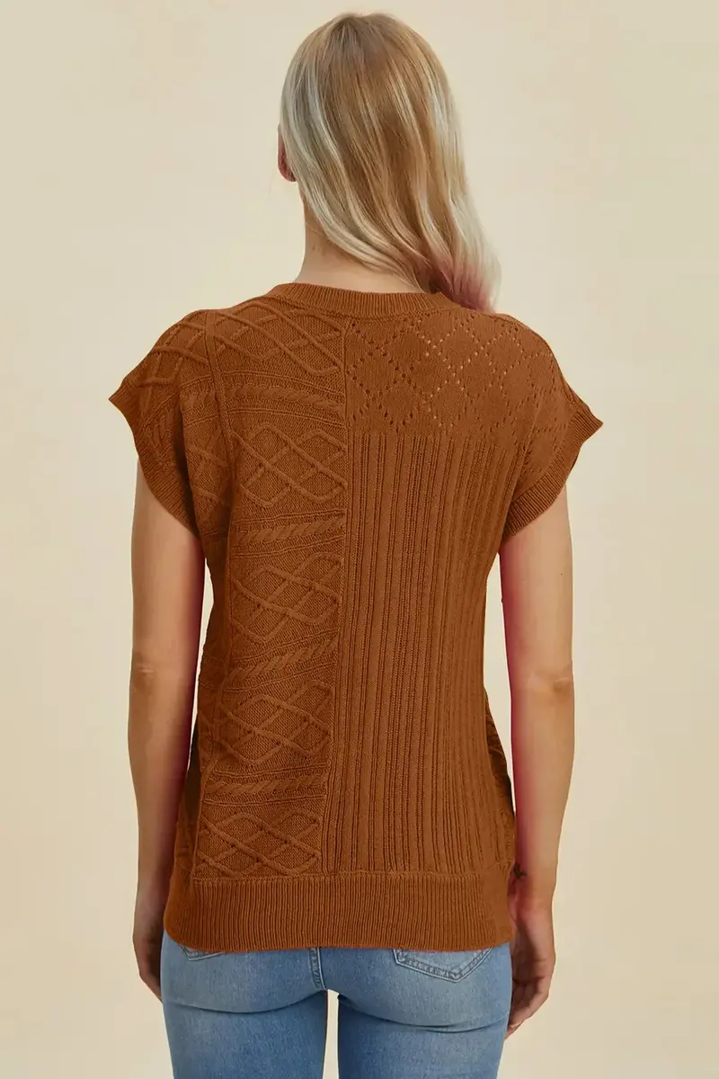 Full Size Cable-Knit Round Neck Cap Sleeve Sweater 22