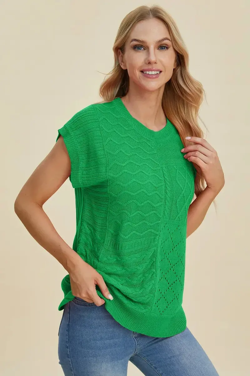 Full Size Cable-Knit Round Neck Cap Sleeve Sweater 24