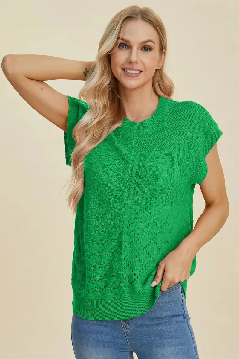 Full Size Cable-Knit Round Neck Cap Sleeve Sweater 25