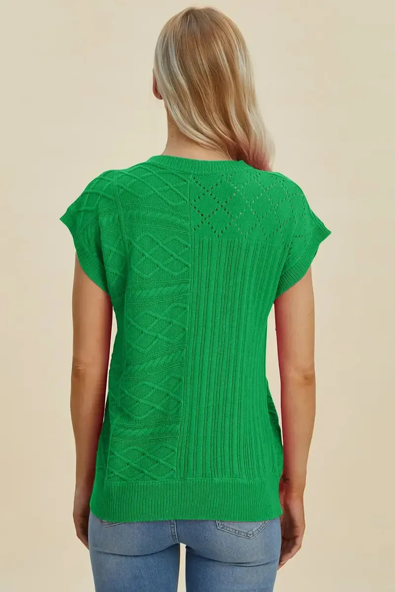 Full Size Cable-Knit Round Neck Cap Sleeve Sweater 27