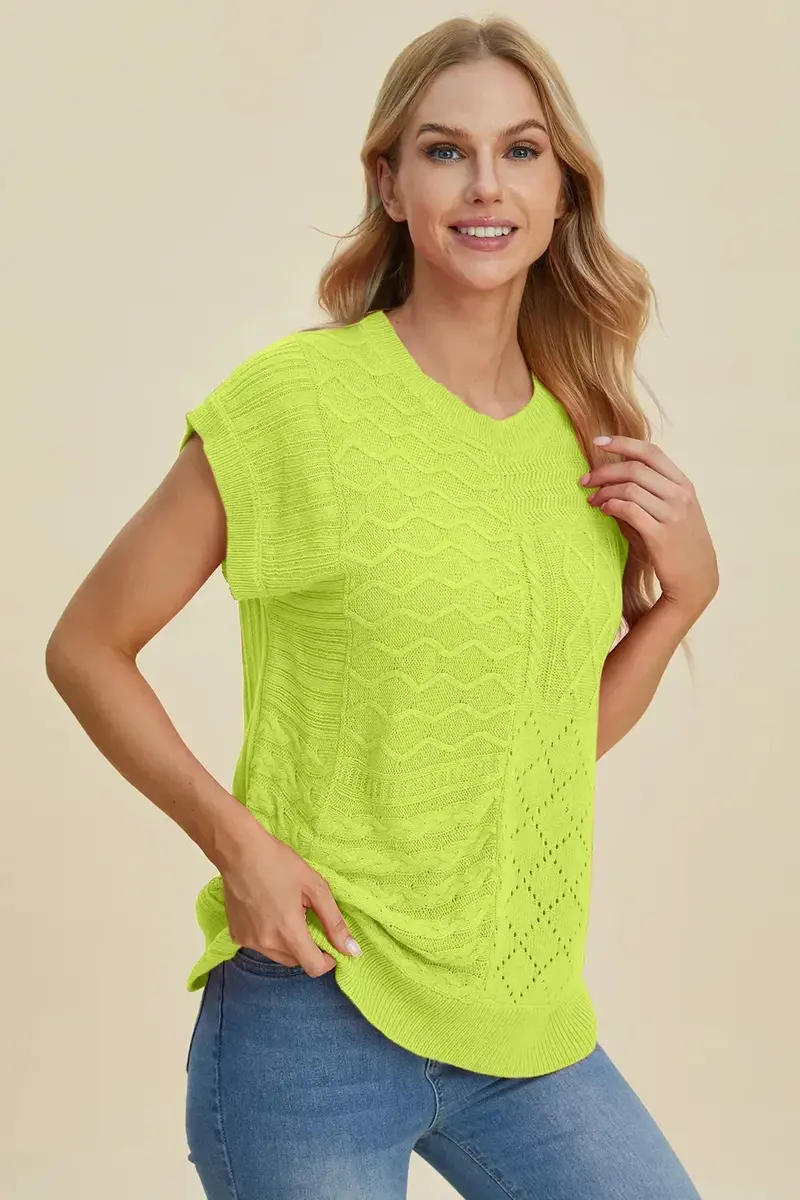 Full Size Cable-Knit Round Neck Cap Sleeve Sweater 28