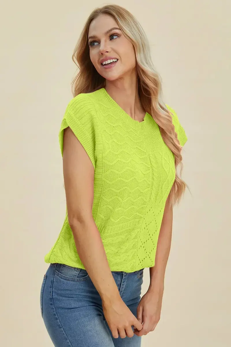 Full Size Cable-Knit Round Neck Cap Sleeve Sweater 29