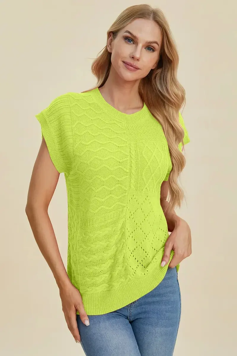 Full Size Cable-Knit Round Neck Cap Sleeve Sweater 30