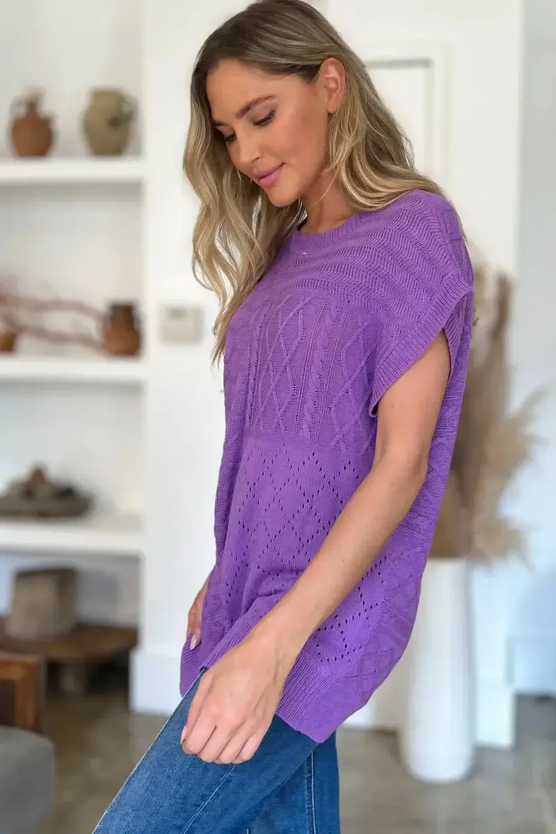 Full Size Cable-Knit Round Neck Cap Sleeve Sweater 4