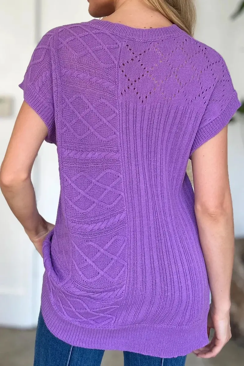 Full Size Cable-Knit Round Neck Cap Sleeve Sweater 6