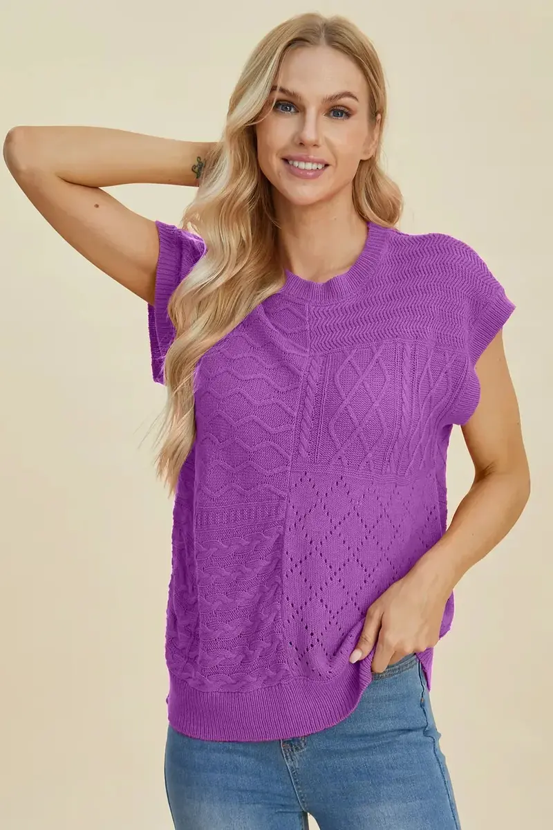 Full Size Cable-Knit Round Neck Cap Sleeve Sweater 7