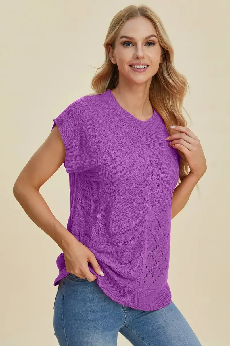 Full Size Cable-Knit Round Neck Cap Sleeve Sweater 9