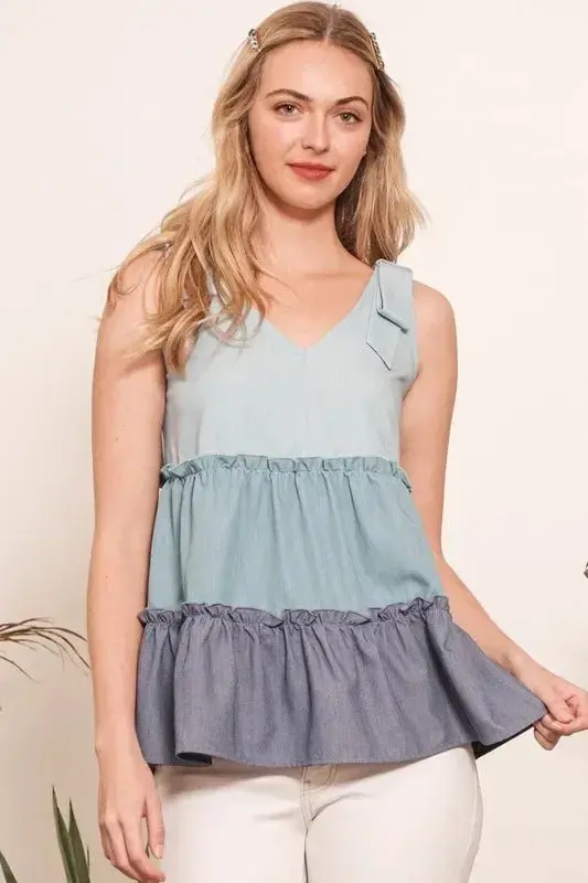 Full Size Color Block V-Neck Baby Doll Sleeveless Top Plus Size 1
