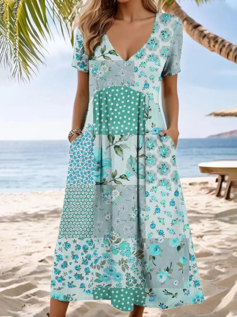 Full Size Floral V-Neck Casual Midi Dress Plus Size 1