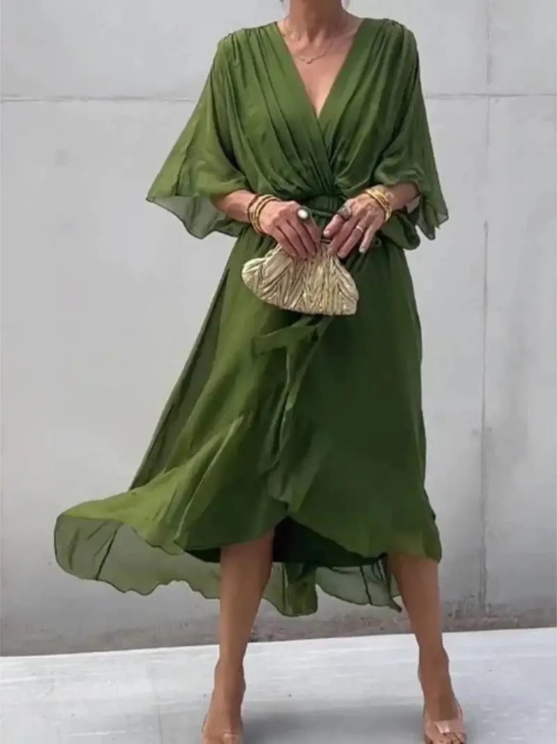 Full Size Flowy Tie Front Midi Dress With Flutter Sleeves Plus Size 1