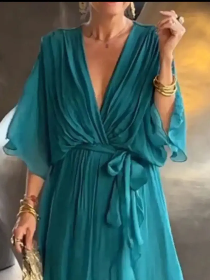 Full Size Flowy Tie Front Midi Dress With Flutter Sleeves Plus Size 12