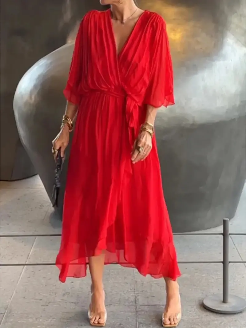 Full Size Flowy Tie Front Midi Dress With Flutter Sleeves Plus Size 17