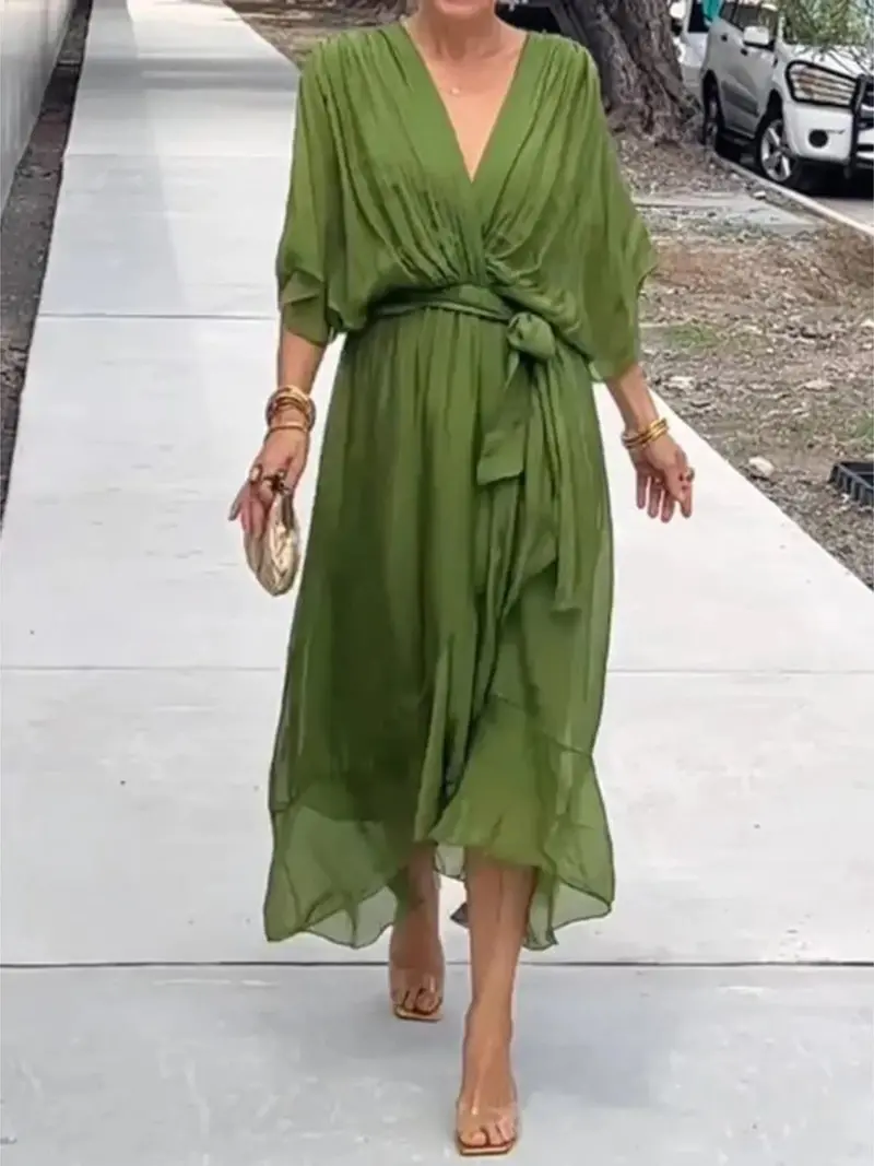 Full Size Flowy Tie Front Midi Dress With Flutter Sleeves Plus Size 2
