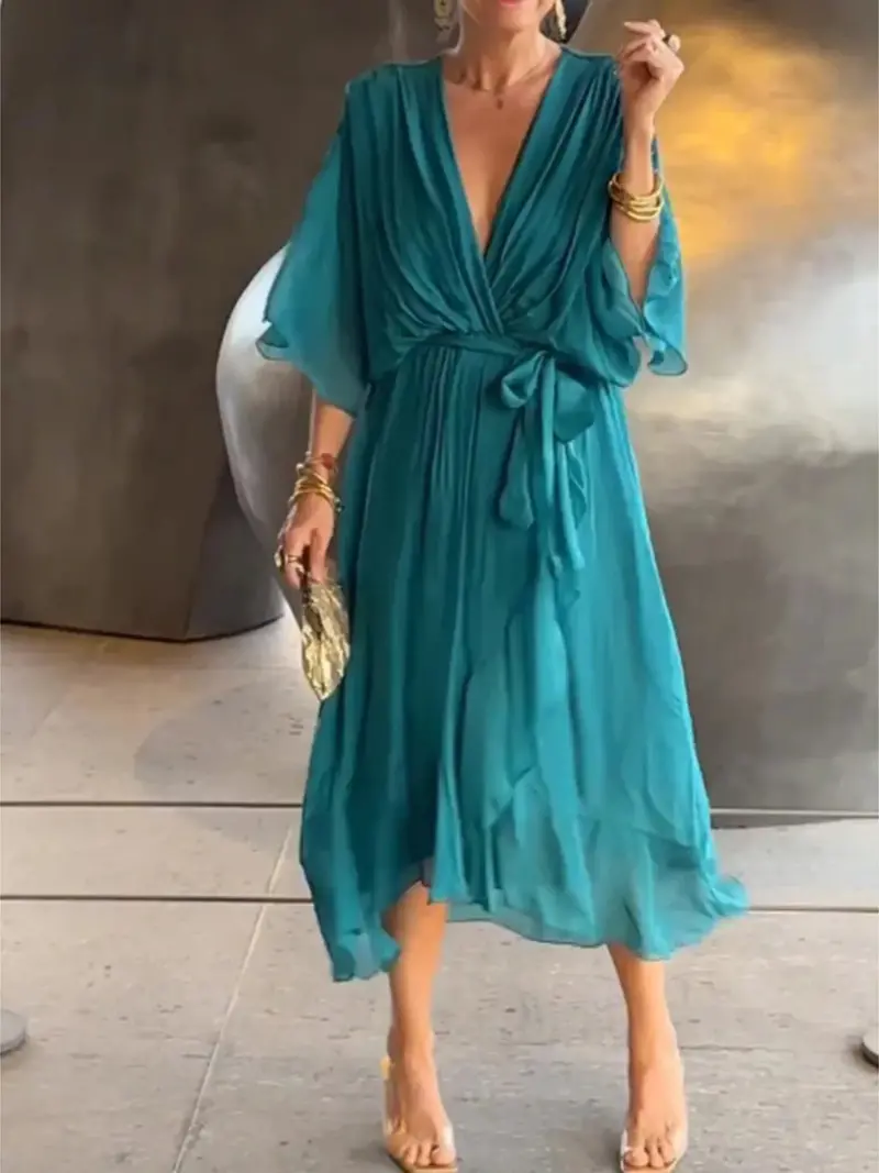 Full Size Flowy Tie Front Midi Dress With Flutter Sleeves Plus Size 25