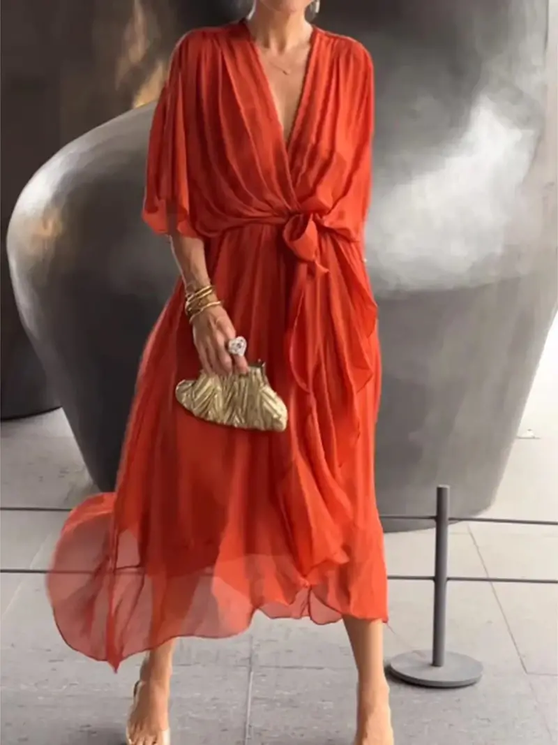 Full Size Flowy Tie Front Midi Dress With Flutter Sleeves Plus Size 9