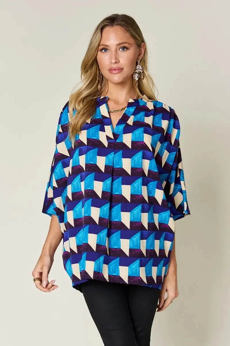 Full Size Geometric Notched Half Sleeve Blouse 1