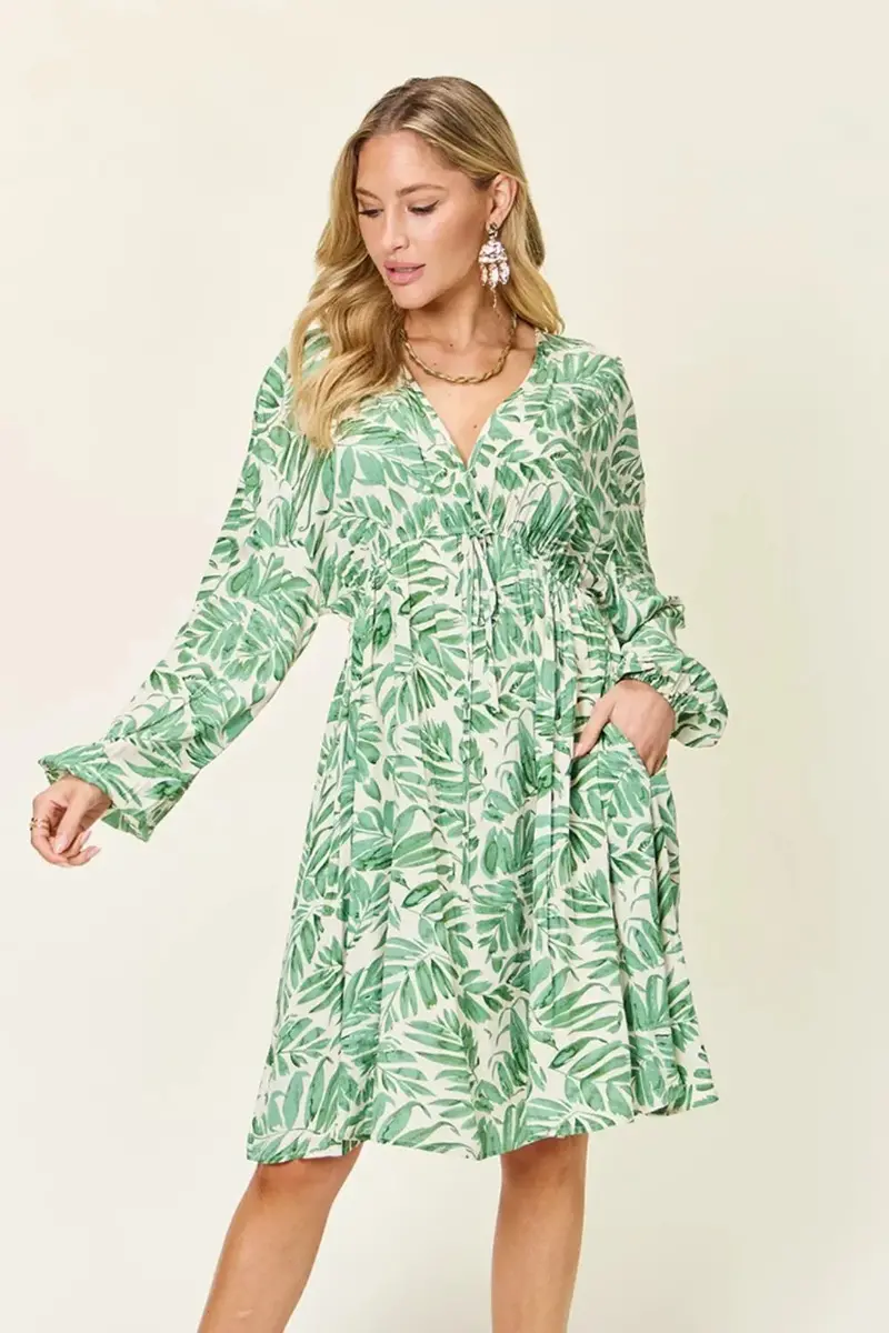 Full Size Printed Ruched Balloon Sleeve Dress 1