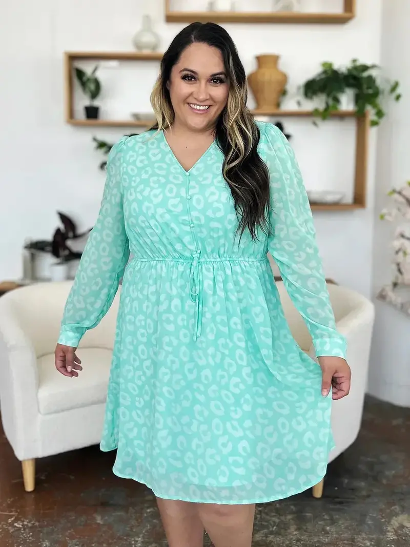 Full Size Printed Ruched V-Neck Long Sleeve Dress 6